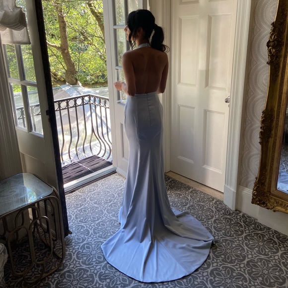 Light baby Blue high slit dress halter neck backless - Picture 10 of 12